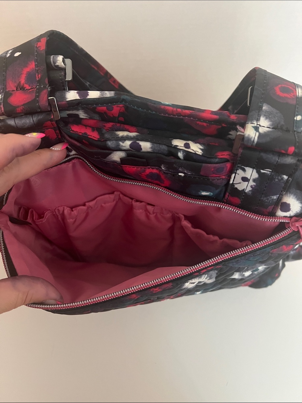 Lug Quilted Watercolor Floral Pattern Tote in Black, Pink, white and some blue - Picture 3 of 8